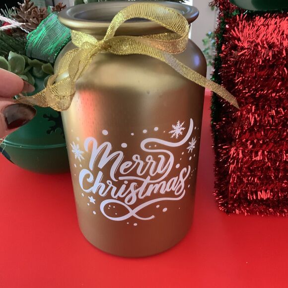 Gold Decorative Glass Seasons Greetings Jar With Bow - Picture 1 of 5